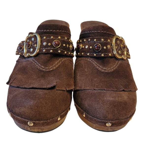 Michael Kors Suede Fringe Studded Clogs - Picture 4 of 11